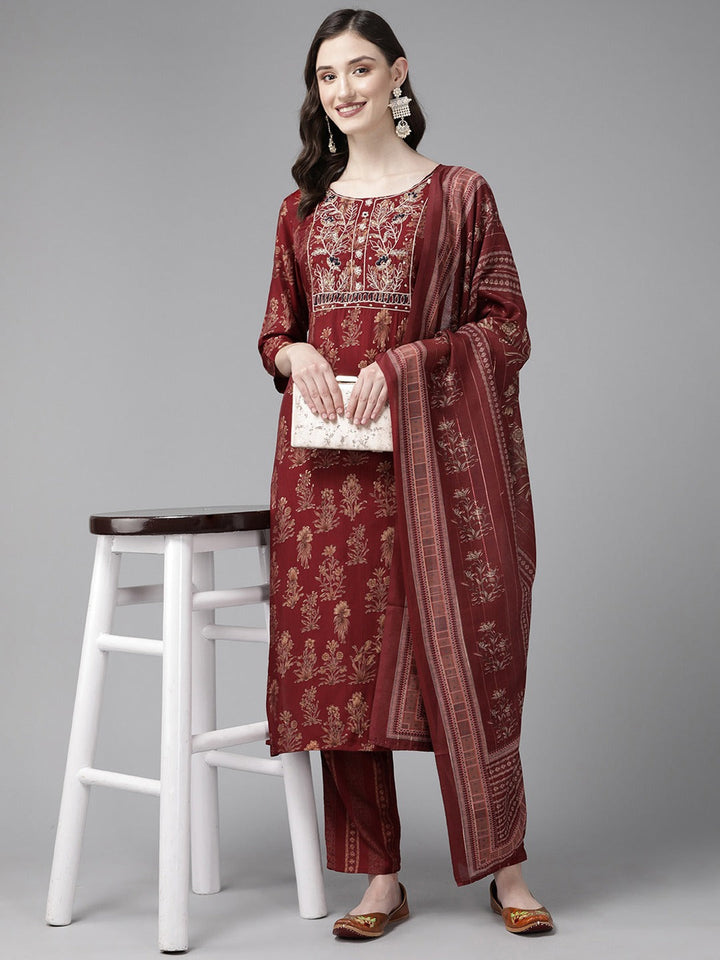 Maroon Printed Dupatta Set-Yufta Store-1109SKDMRM