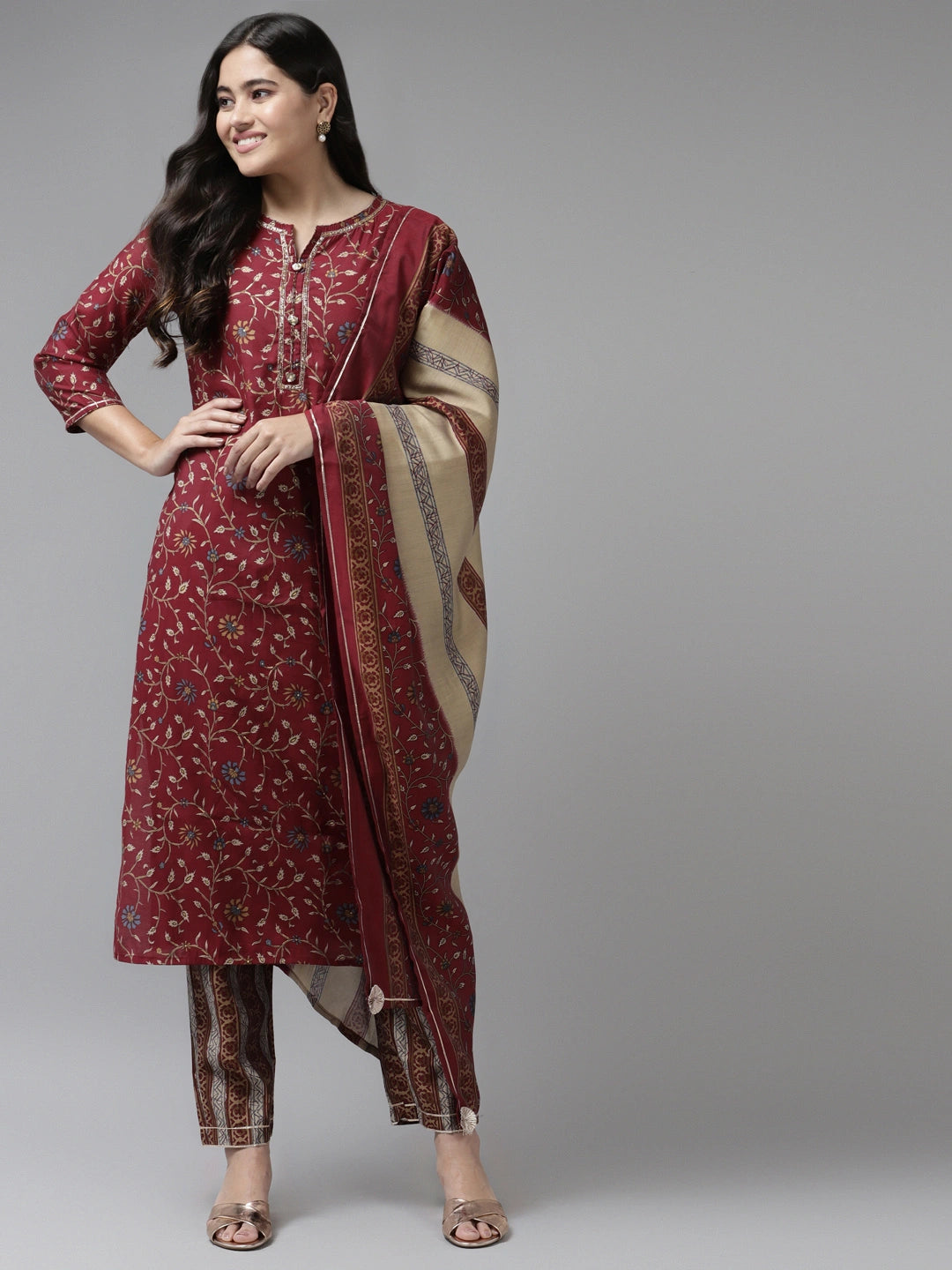 Maroon Printed Dupatta Set-Yufta Store-5606SKDMRM