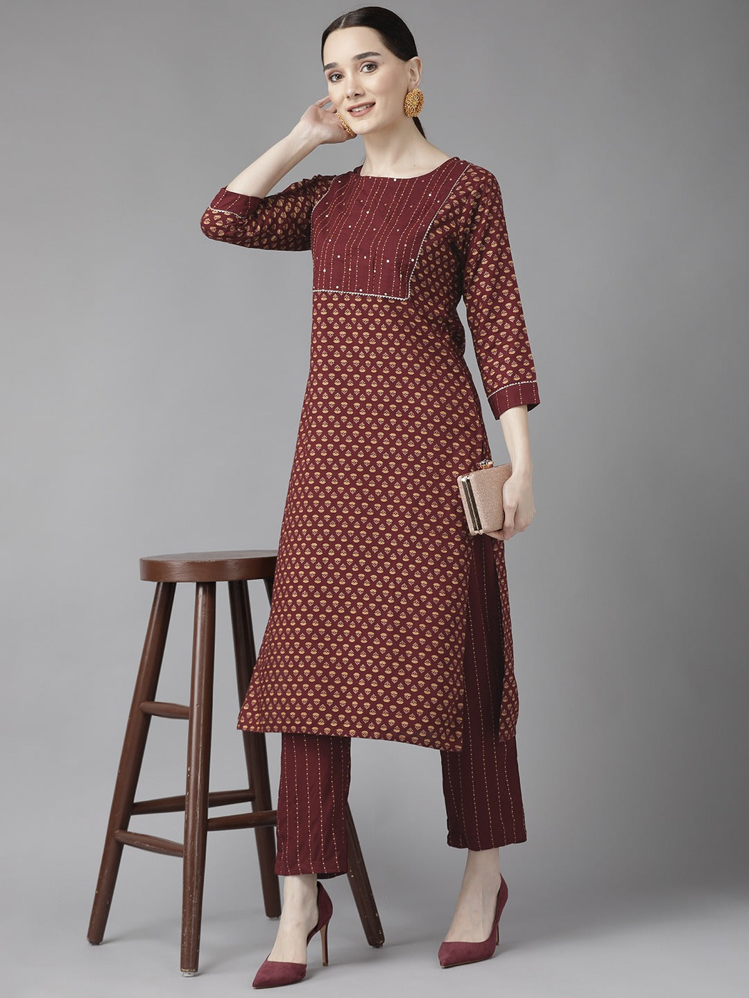 Maroon Printed Kurta Set-Yufta Store-6212SETMRS