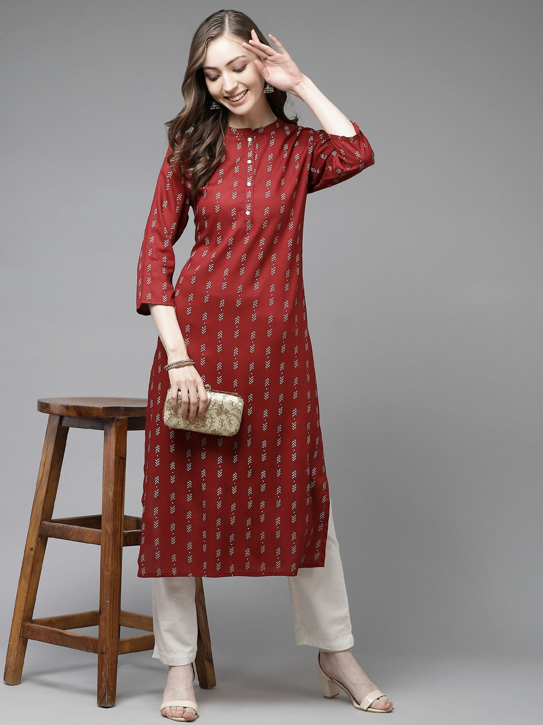 Maroon Printed Kurta