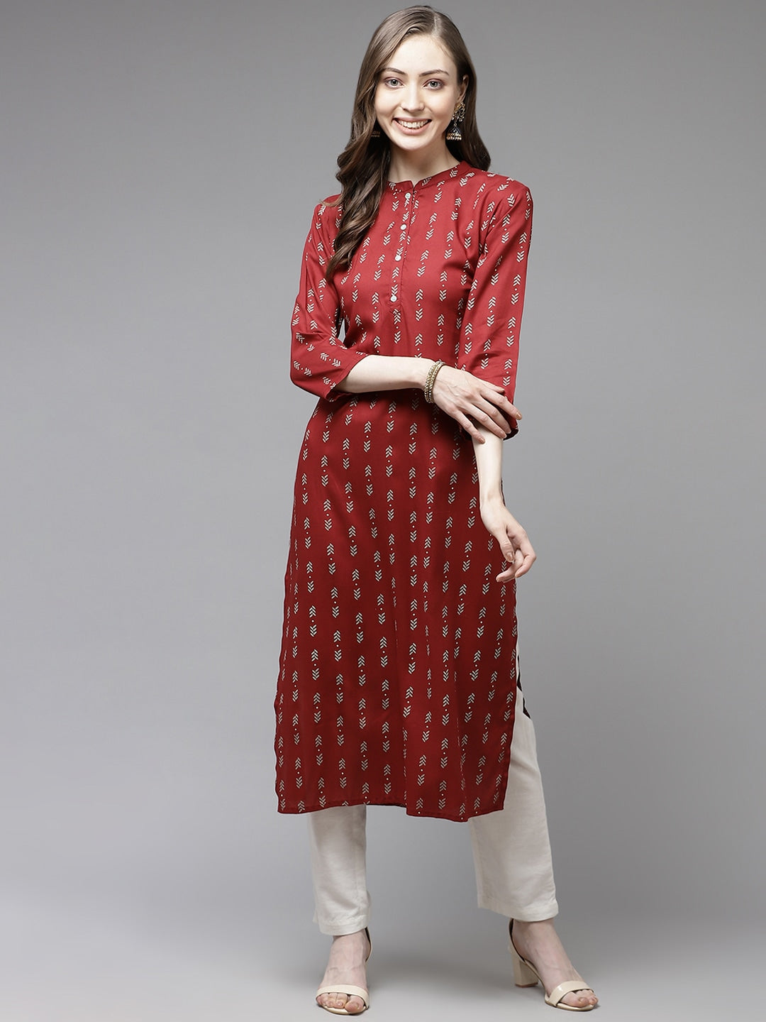 Maroon Printed Kurta-Yufta Store-7902KURMRS