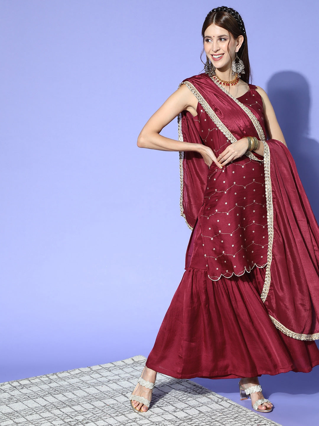 Maroon Printed Sequinned Dupatta Set-Yufta Store-9601SKDMRS