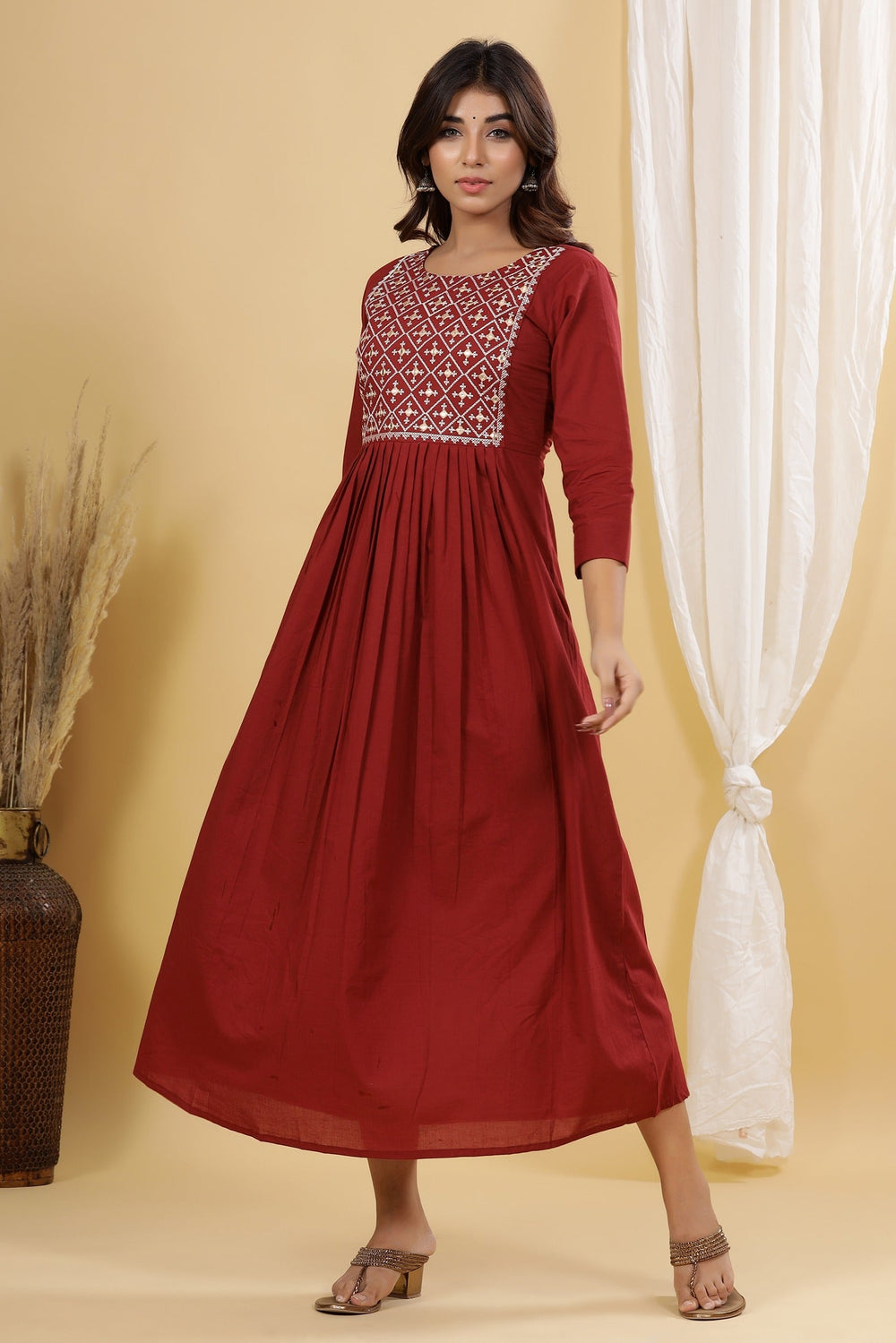 Maroon Solid Embroidered Dress-Yufta Store-2902DRSMRS