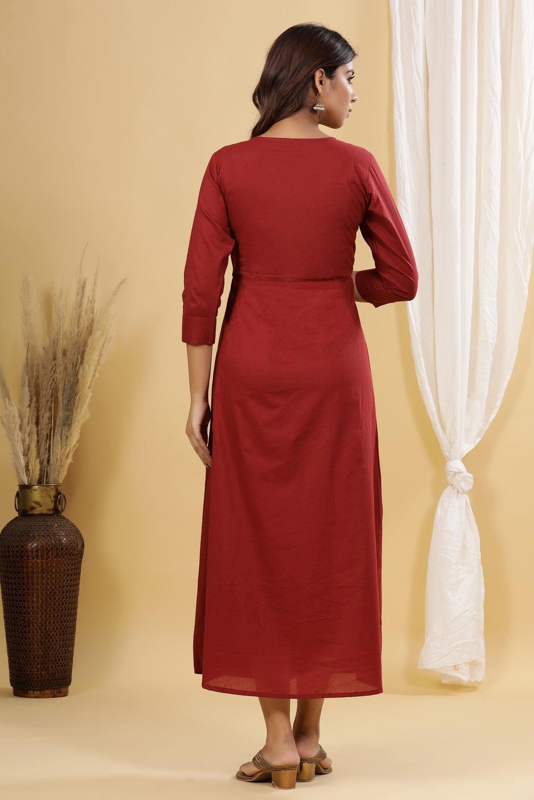 Maroon Solid Embroidered Dress-Yufta Store-2902DRSMRS