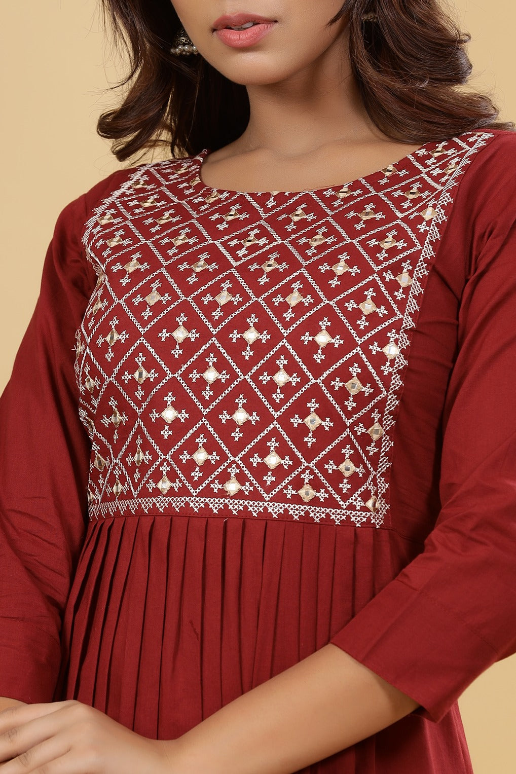 Maroon Solid Embroidered Dress-Yufta Store-2902DRSMRS