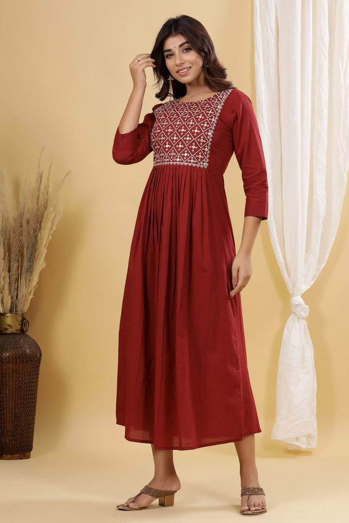 Maroon Solid Embroidered Dress-Yufta Store-2902DRSMRS