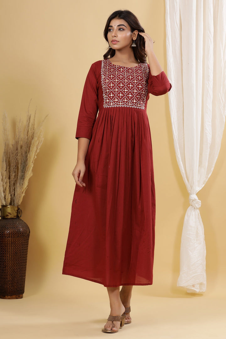 Maroon Solid Embroidered Dress-Yufta Store-2902DRSMRS