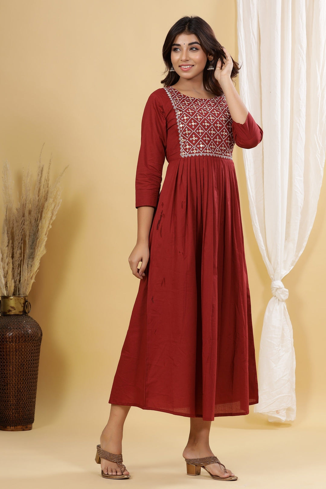 Maroon Solid Embroidered Dress-Yufta Store-2902DRSMRS