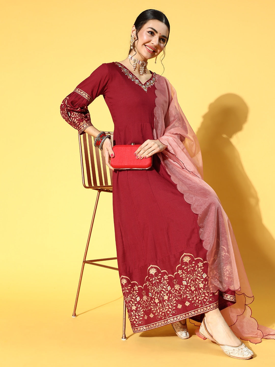Maroon Yoke Design Dress With Dupatta-Yufta Store-9526DRSMRS