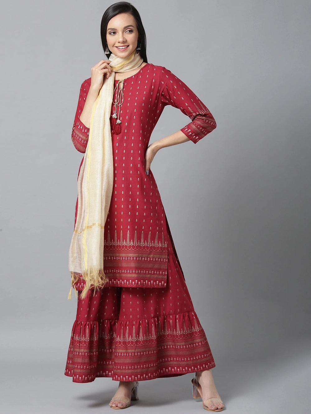 Maroon and Beige Printed Dupatta Set-Yufta Store-7600SETMRS