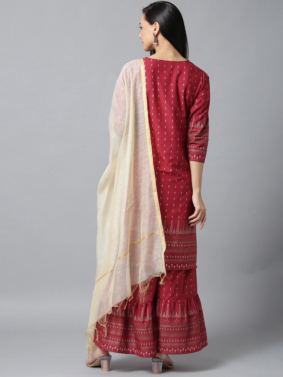 Maroon and Beige Printed Dupatta Set-Yufta Store-7600SETMRS