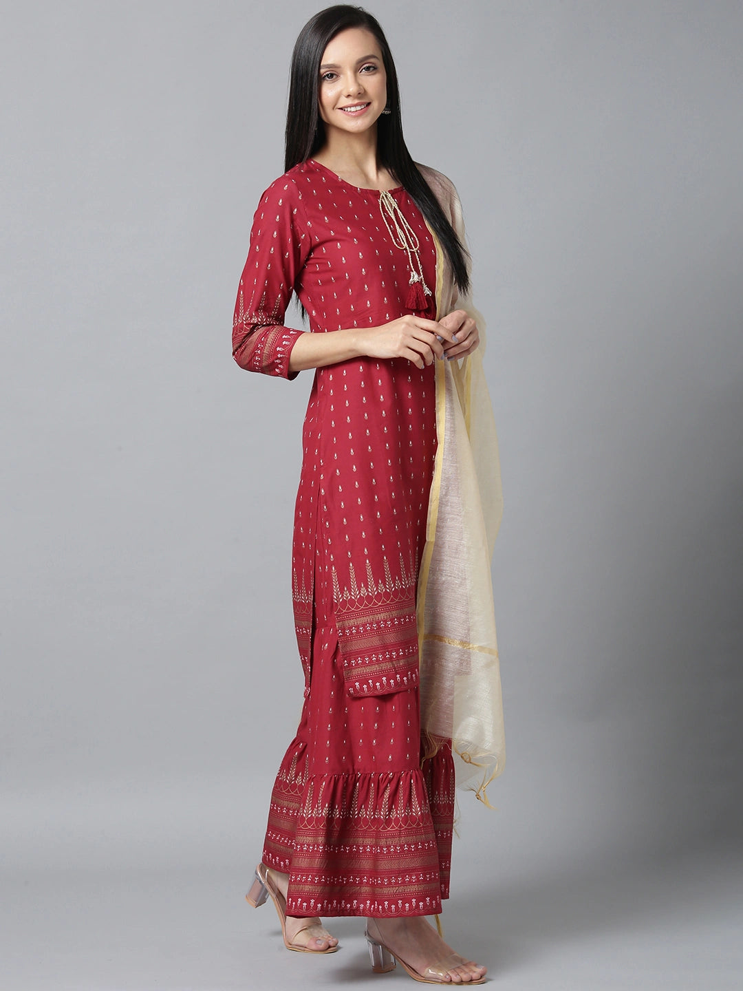 Maroon and Beige Printed Dupatta Set-Yufta Store-7600SETMRS