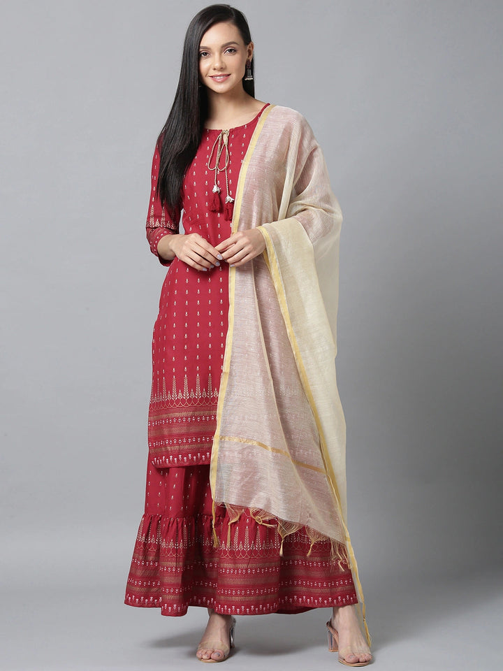 Maroon and Beige Printed Dupatta Set-Yufta Store-7600SETMRS