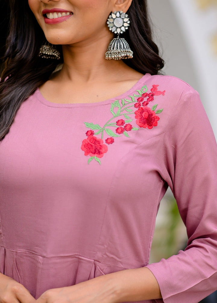 Mauve & Black Embroidered Kurta Set-Yufta Store-DBNSET1722S