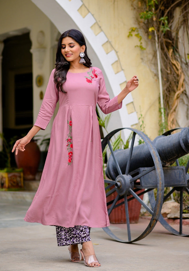 Mauve & Black Embroidered Kurta Set-Yufta Store-DBNSET1722S