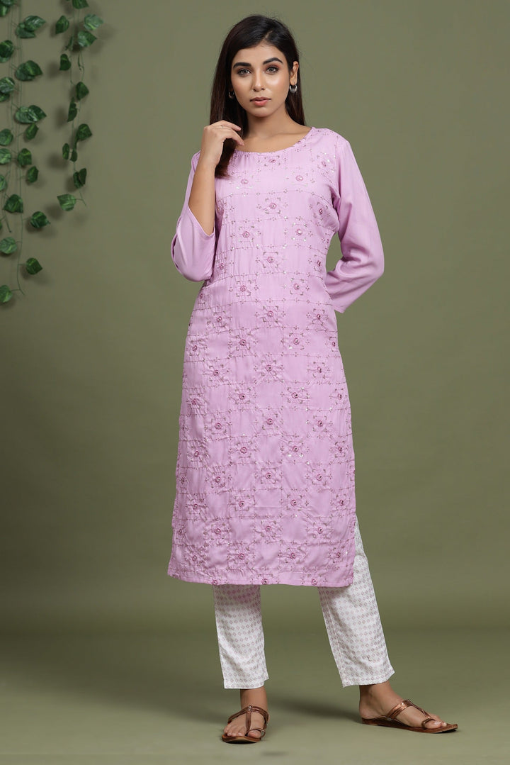 Mauve Embroidered Kurta Set-Yufta Store-2729SETLVM