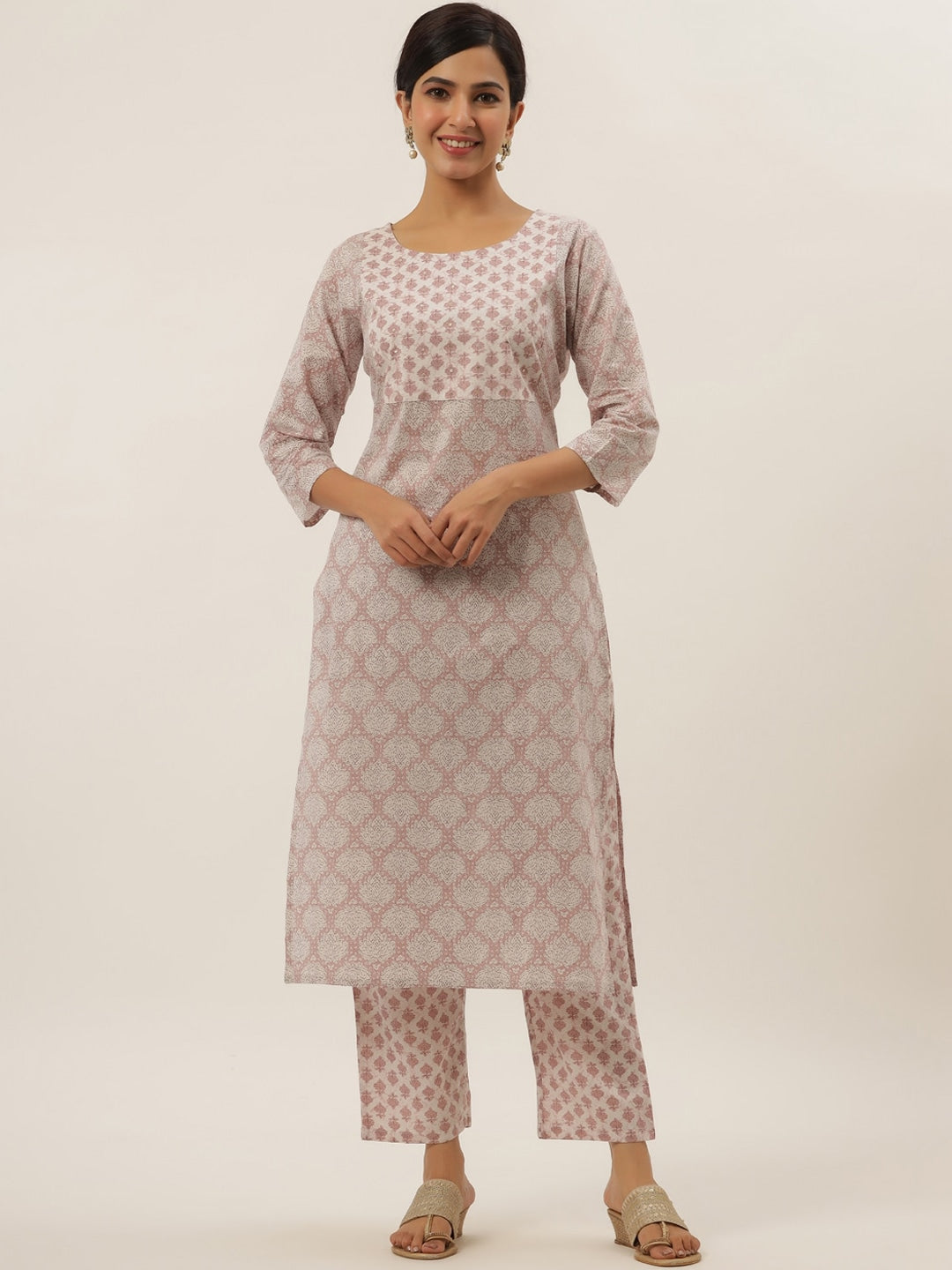 Mauve Ethnic Motifs Cotton Kurta Set-Yufta Store-6204SETPRS