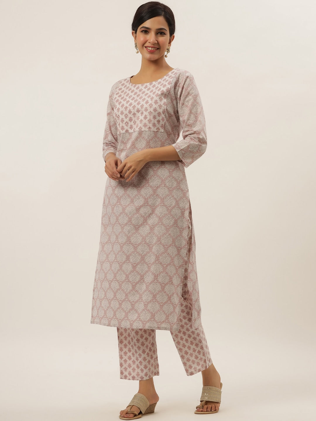 Mauve Ethnic Motifs Cotton Kurta Set-Yufta Store-6204SETPRS