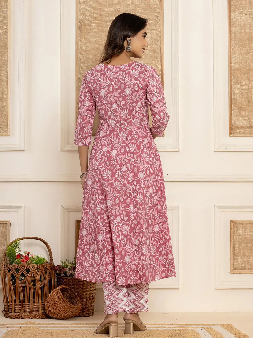 Mauve Floral Print Anarkali Style Kurta And Trousers With Dupatta Set-Yufta Store-6995SKDPRS