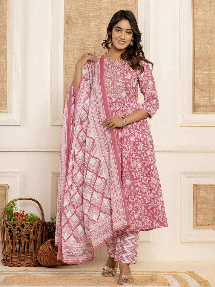 Mauve Floral Print Anarkali Style Kurta And Trousers With Dupatta Set-Yufta Store-6995SKDPRS