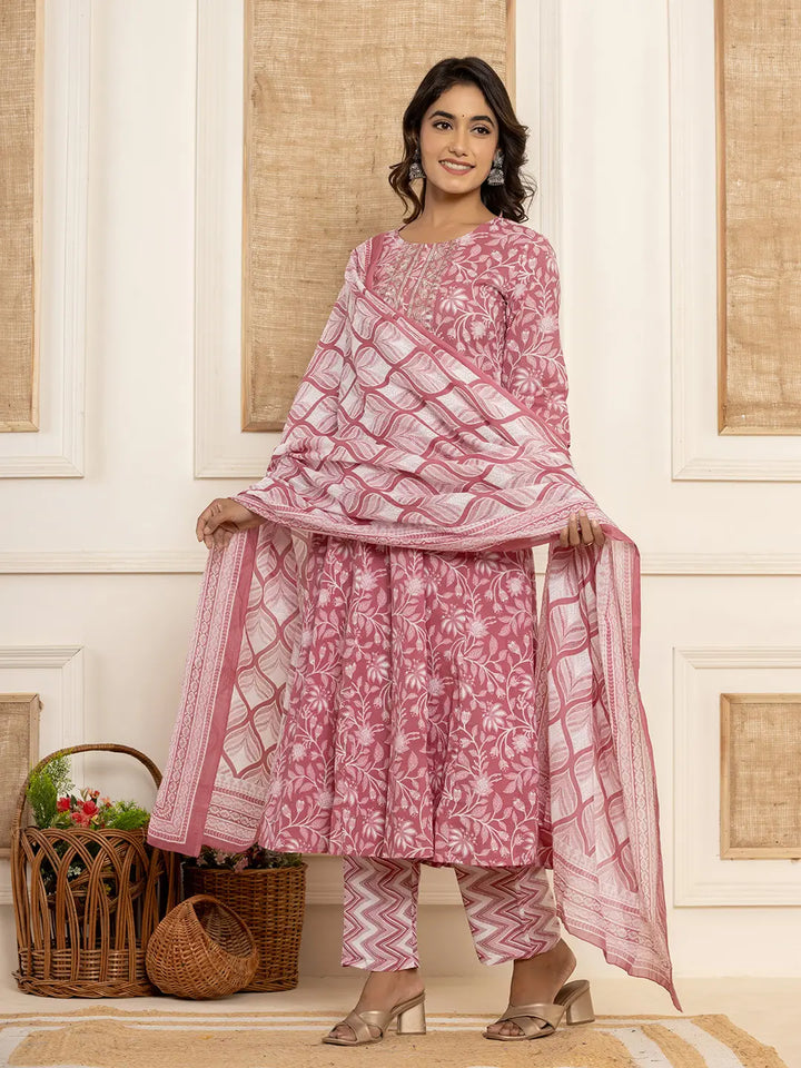 Mauve Floral Print Anarkali Style Kurta And Trousers With Dupatta Set-Yufta Store-6995SKDPRS