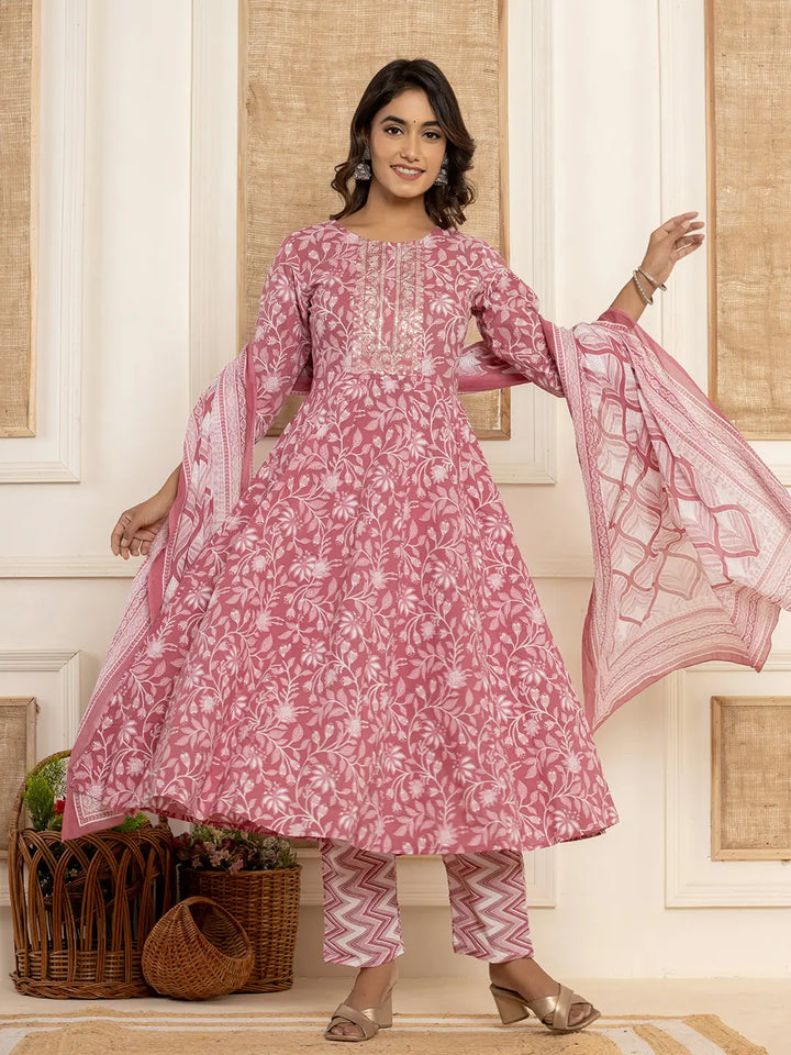 Mauve Floral Print Anarkali Style Kurta And Trousers With Dupatta Set-Yufta Store-6995SKDPRS