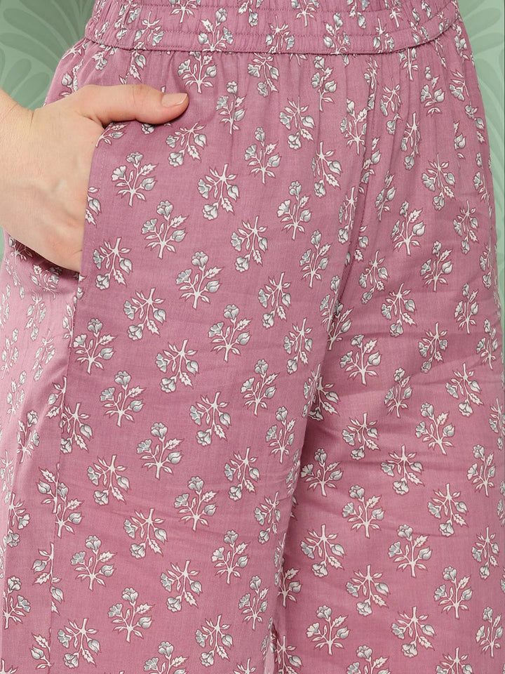 Mauve Floral Printed Regular Cotton Kurta with Trousers & With Dupatta Set-Yufta Store-1343SKDPRS