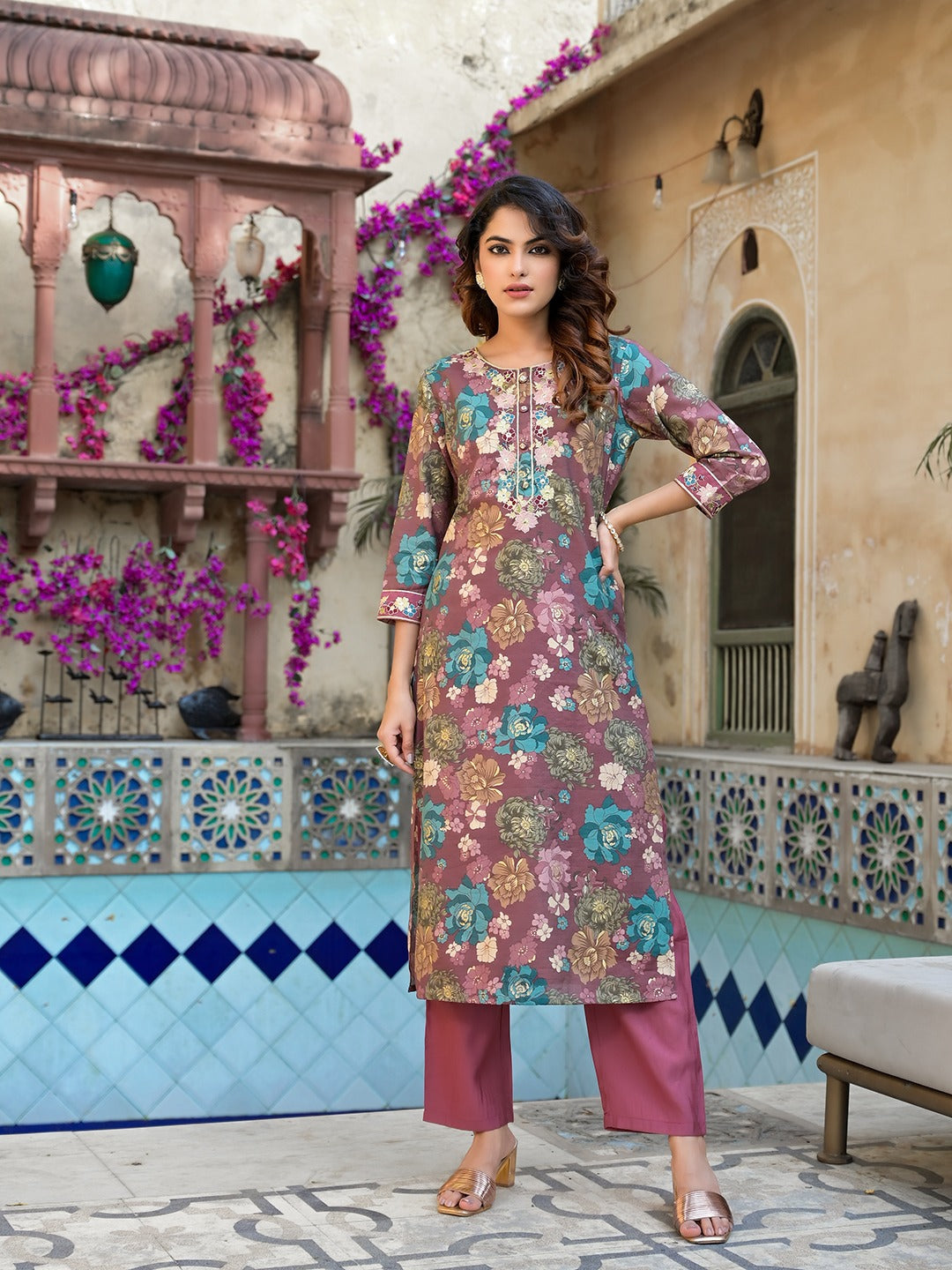 Mauve Floral,Thread_Work Kurta Trouser Set