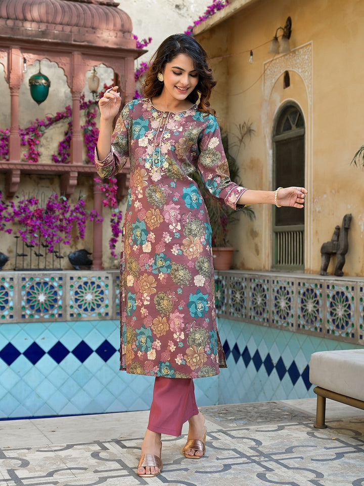 Mauve Floral,Thread_Work Kurta Trouser Set