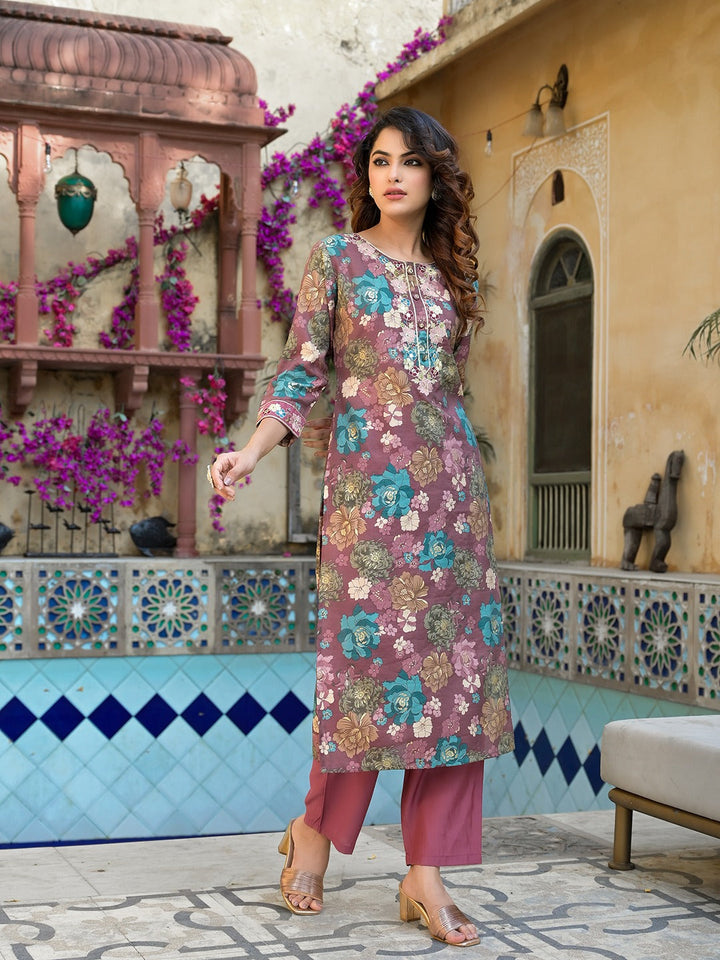 Mauve Floral,Thread_Work Kurta Trouser Set-Yufta Store-1695SETPRS