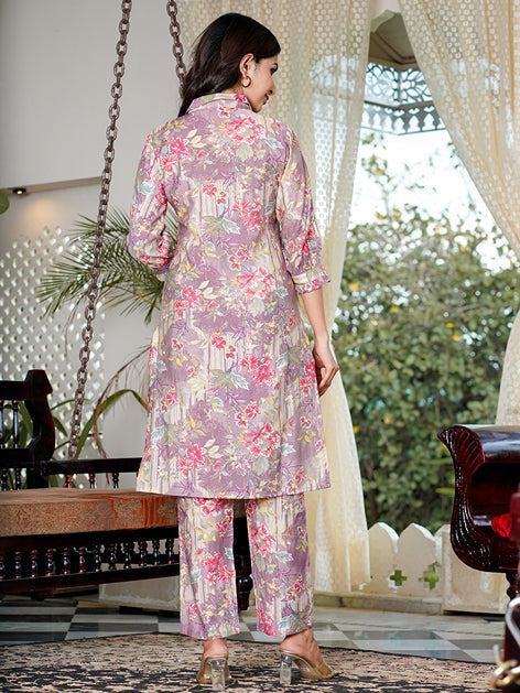 Mauve Muslin silk Floral Print Co-ord set with embroidery buttons-Yufta Store-1588CRDPRS