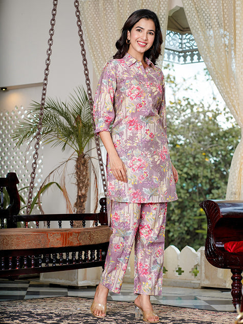 Mauve Muslin silk Floral Print Co-ord set-Yufta Store-1588CRDPRS