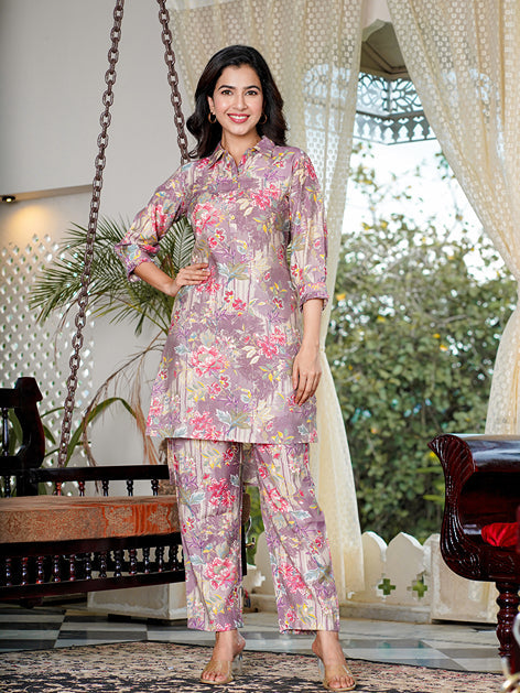 Mauve Muslin silk Floral Print Co-ord set with embroidery buttons-Yufta Store-1588CRDPRS