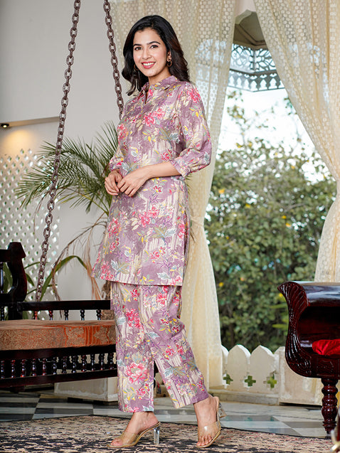 Mauve Muslin silk Floral Print Co-ord set with embroidery buttons-Yufta Store-1588CRDPRS