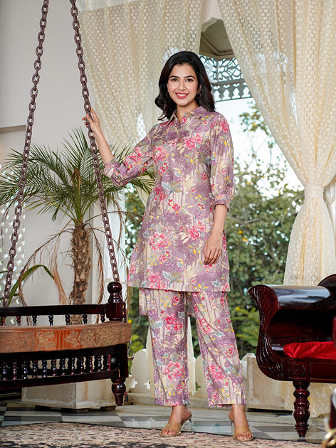 Mauve Muslin silk Floral Print Co-ord set with embroidery buttons-Yufta Store-1588CRDPRS