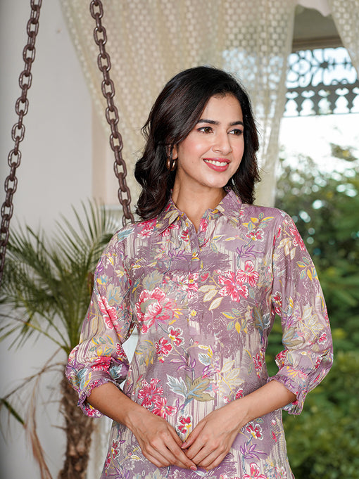 Mauve Muslin silk Floral Print Co-ord set with embroidery buttons-Yufta Store-1588CRDPRS