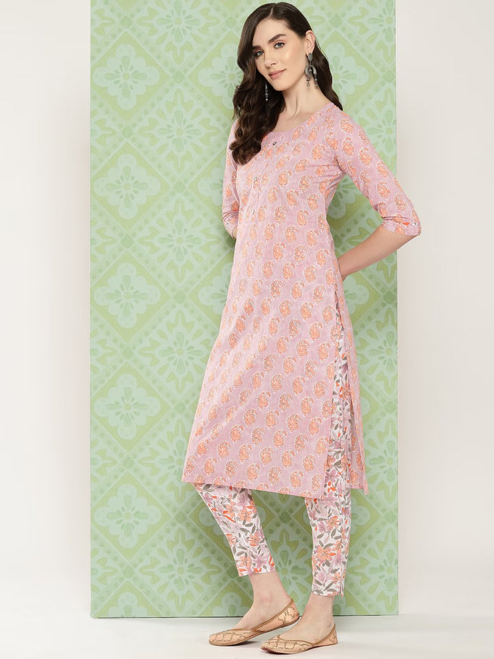 Mauve Paisley Printed Cotton Kurta with Trousers & With Dupatta Set-Yufta Store-1474SKDPRS