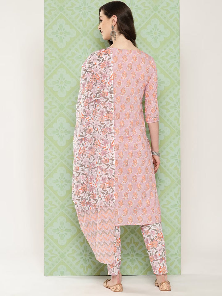 Mauve Paisley Printed Cotton Kurta with Trousers & With Dupatta Set-Yufta Store-1474SKDPRS