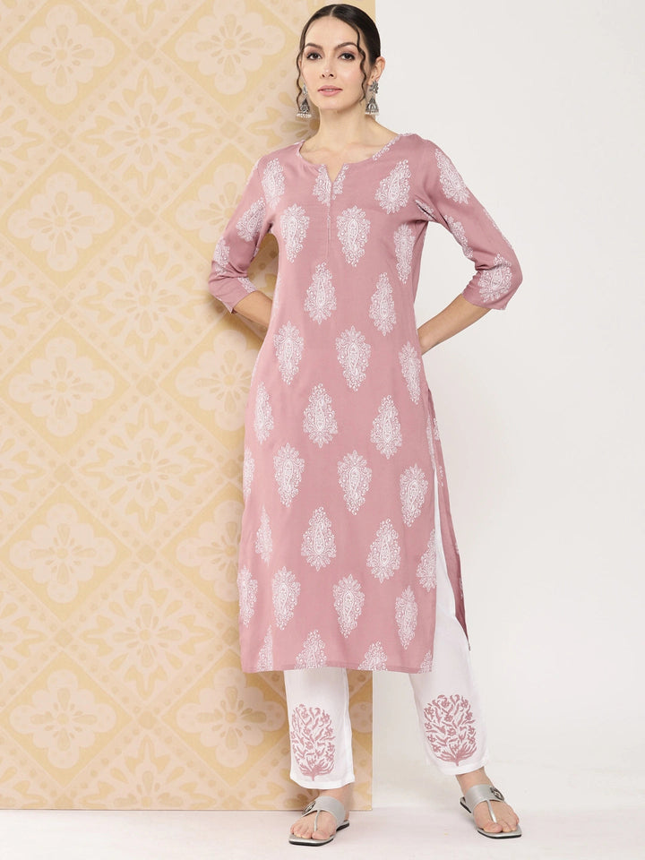 Mauve Women Ethnic Motifs Printed Regular Kurta with Trousers-Yufta Store-1482SETPRS