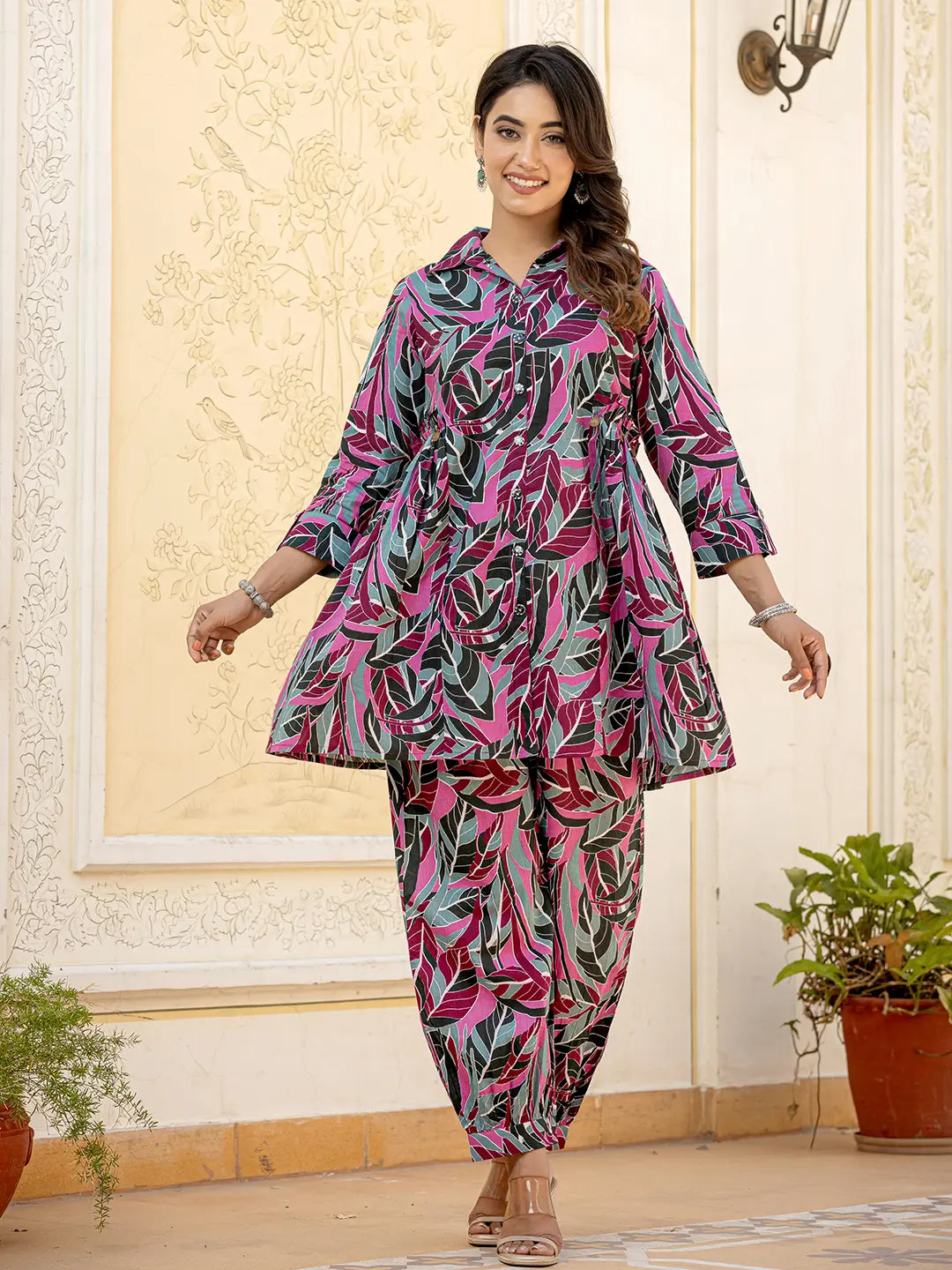 Multi Leaf Print Cotton Co-Ord Set-Yufta Store-1953CRDMTS