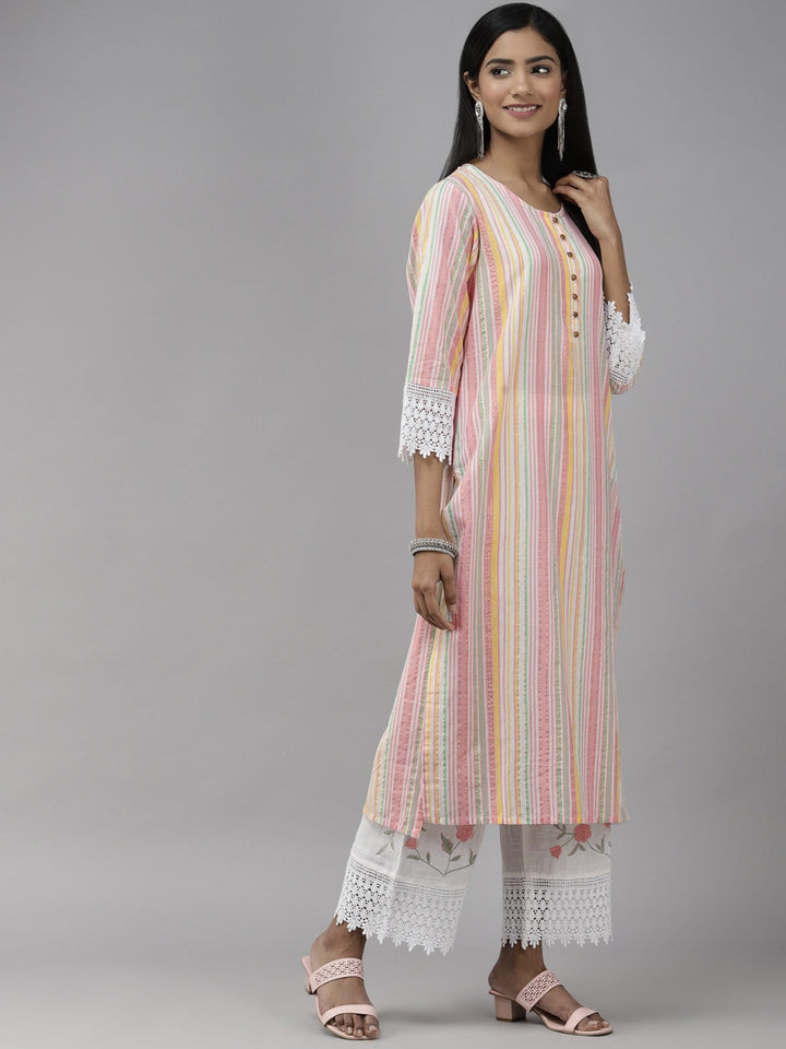 Multicoloured Striped Dupatta Set-Yufta Store-3110SKDWHS