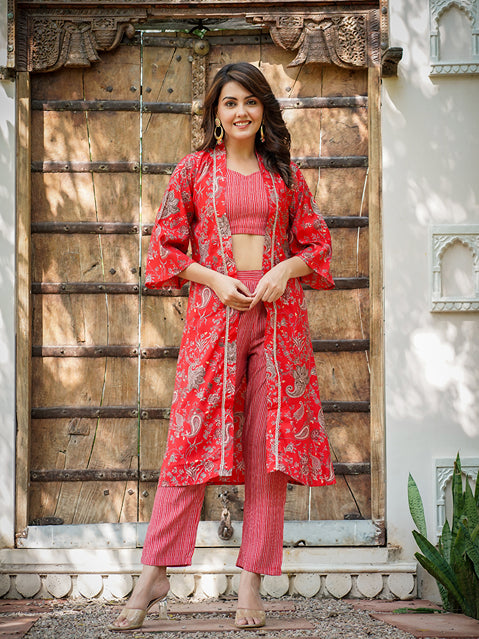 Muslin Red Co-ord Set With Crop Top And Pant-Yufta Store-1600CRDRDS