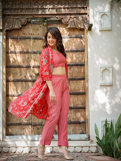 Muslin Red Co-ord Set With Crop Top And Pant-Yufta Store-1600CRDRDS