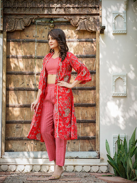 Muslin Red Co-ord Set With Crop Top And Pant-Yufta Store-1600CRDRDS