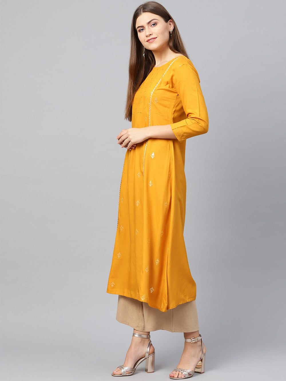 Mustard A-Line Kurta-Yufta Store-637KURMSS