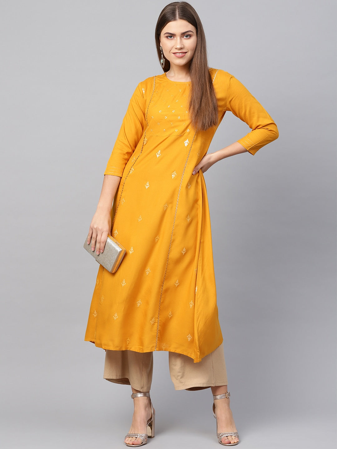 Mustard A-Line Kurta-Yufta Store-637KURMSS