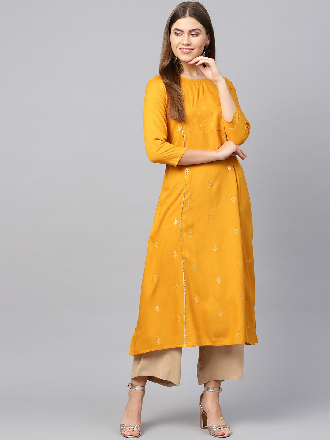 Mustard A-Line Kurta-Yufta Store-637KURMSS