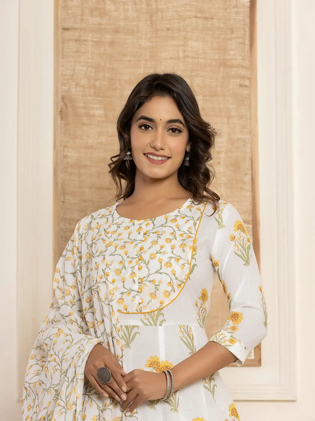 Mustard And White Floral Print Piping Anarkali Style Kurta And Trousers With Dupatta Set