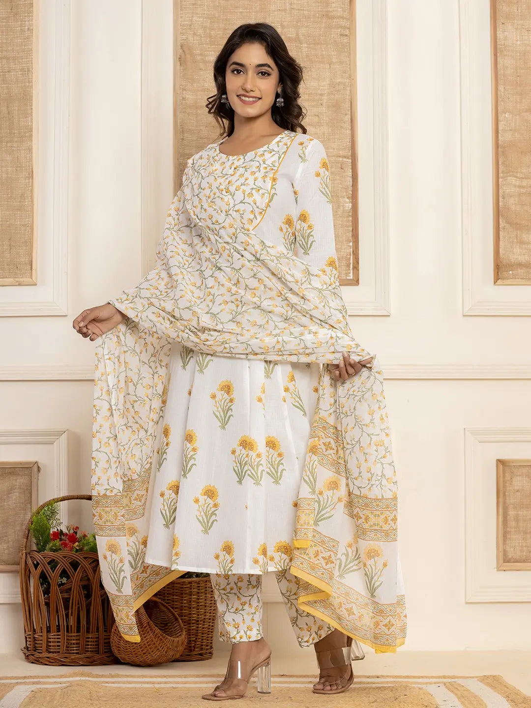 Mustard And White Floral Print Piping Anarkali Style Kurta And Trousers With Dupatta Set