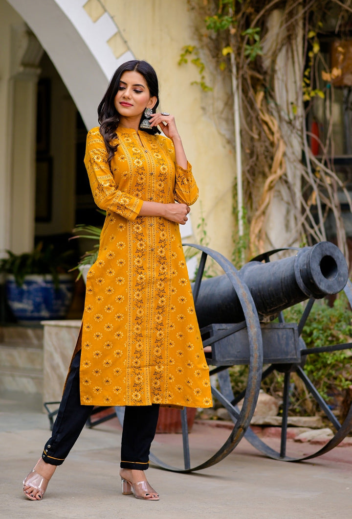 Mustard & Black Printed Kurta Set-Yufta Store-5143SETMSS